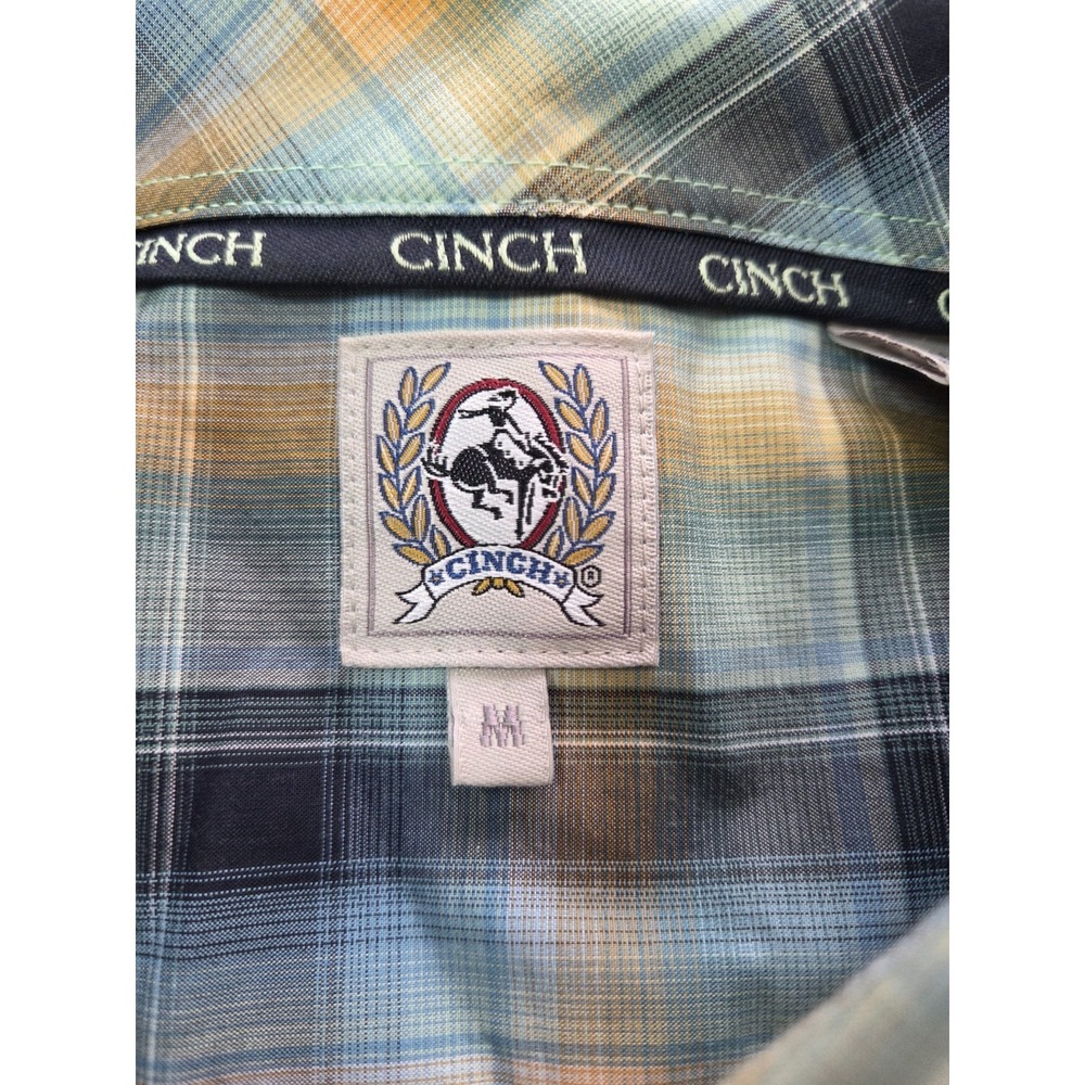 Cinch Men's M Plaid Western Shirt Blue Orange Button Down Rodeo Ranch 100% Cott - Picture 2 of 5